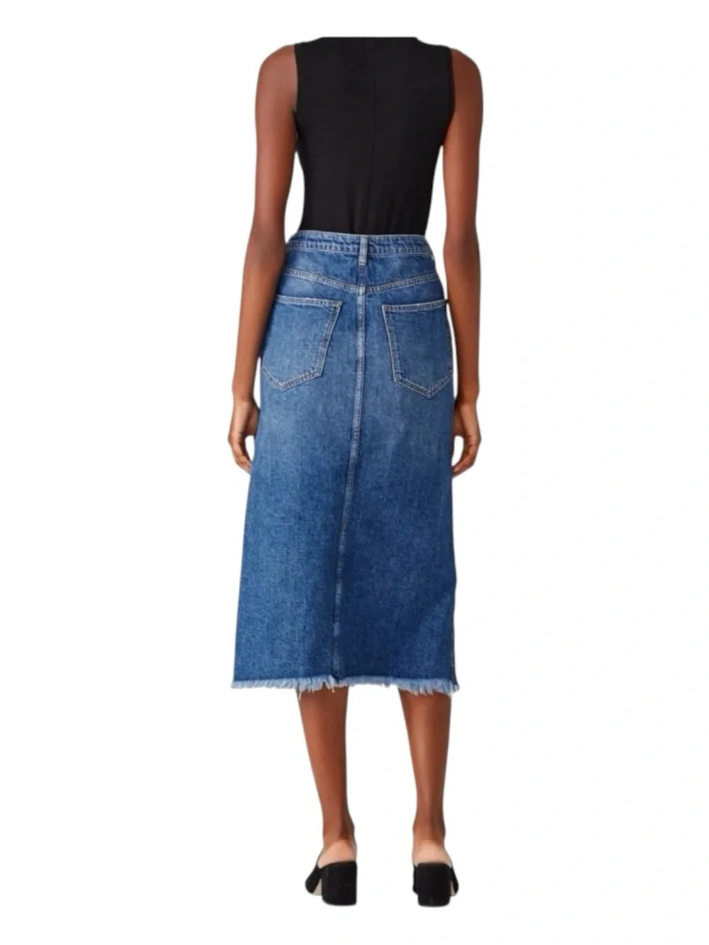 FREE PEOPLE Midi Blue Denim Skirt with Side Slits.